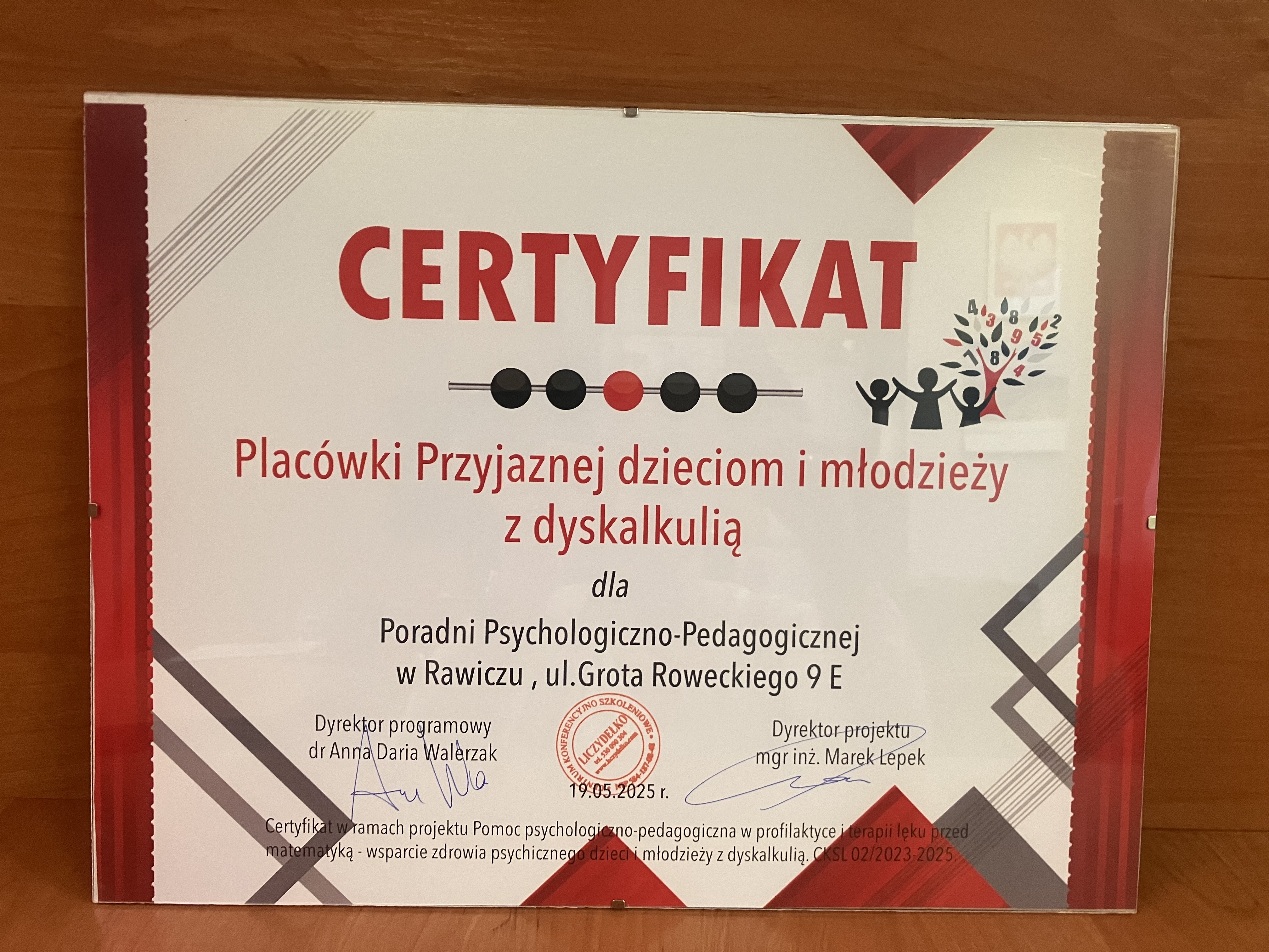 Certyfikat Placówki przyjaznej dzieciom i młodzieży z dyskalkulią.